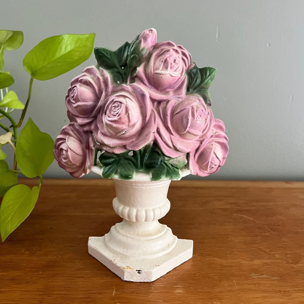 Vintage Cast Iron Pink Rose Bouquet Door Stopper Shelf Sitter Urn 9x8x2.5